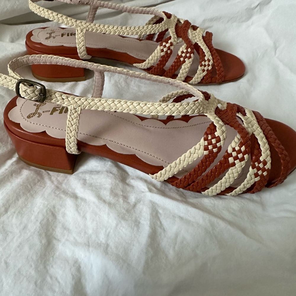 Miss L-Fire strappy sandals. Cream and rust strappy sandals